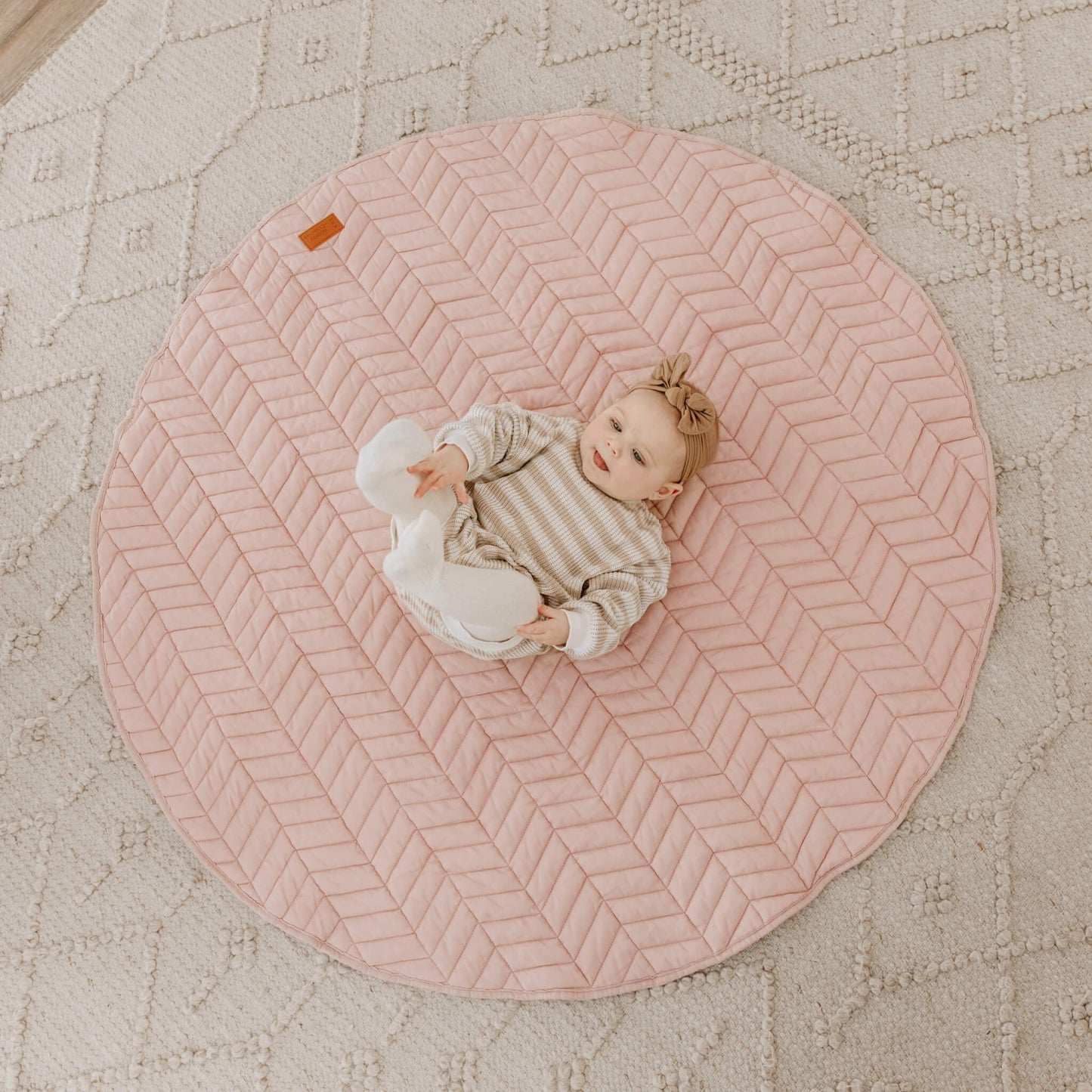 Baby on Round Pink Linen Play Mat
